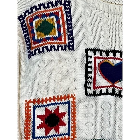 Liz Sport Sweater Women L Cream Patchwork Cable Knit Granny Festive Classic 80s - Picture 6 of 12